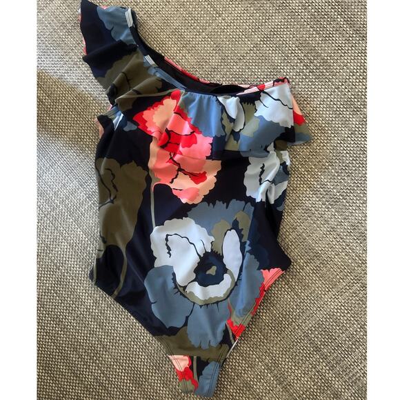 MOTHERHOOD MATERNITY One Shoulder Ruffle Floral One Piece Navy Red Swimsuit M - Picture 2 of 5